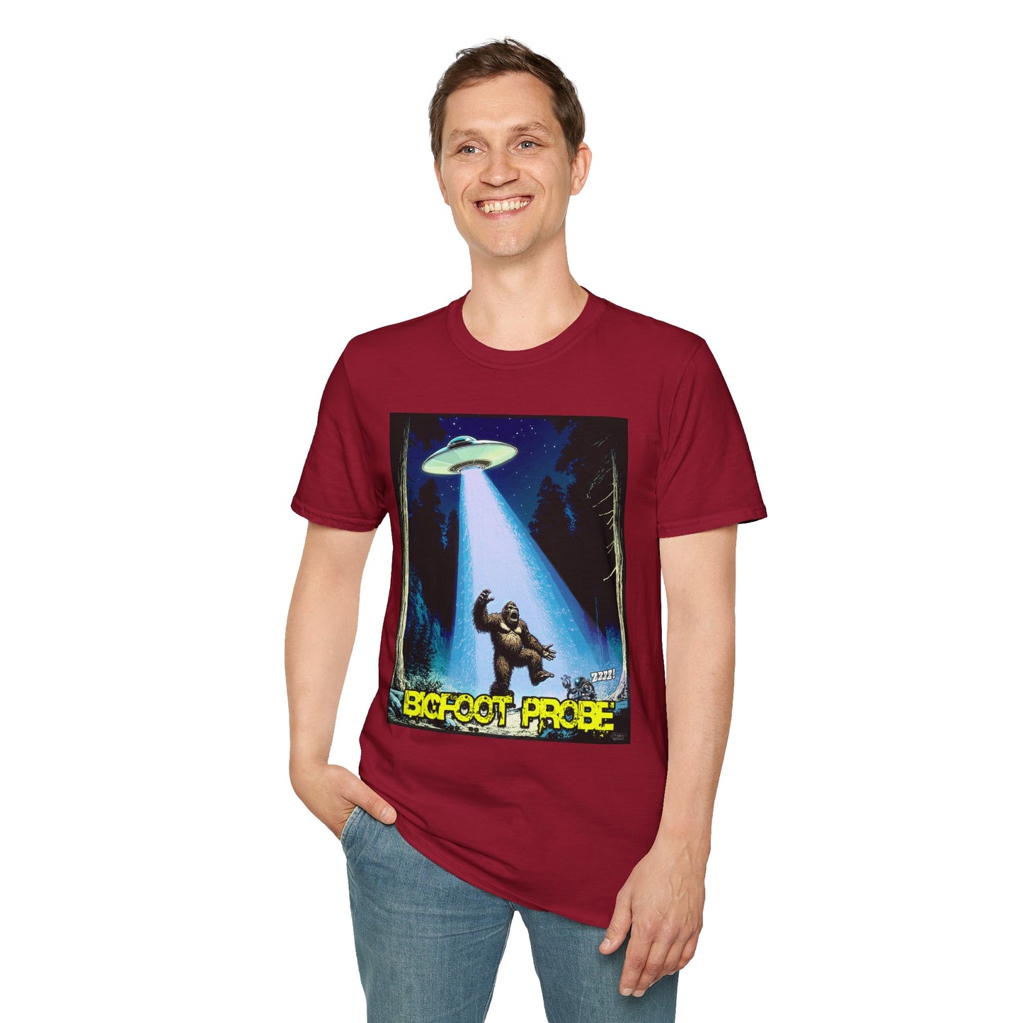 Bigfoot Probe Unisex Softstyle T-Shirt - Fun UFO Graphic Tee, Perfect Gift, Halloween, Nerd Culture, Outdoors, Alien, Graphic tees, t-shirts, Graphic design, t-shirts, tees