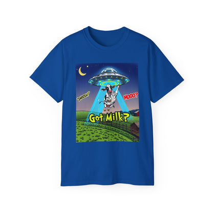 Got Milk? Funny Unisex Ultra Cotton Tee - Humorous Cow and UFO Design, graphic tee, t-shirts, tshirt, png, sublimation