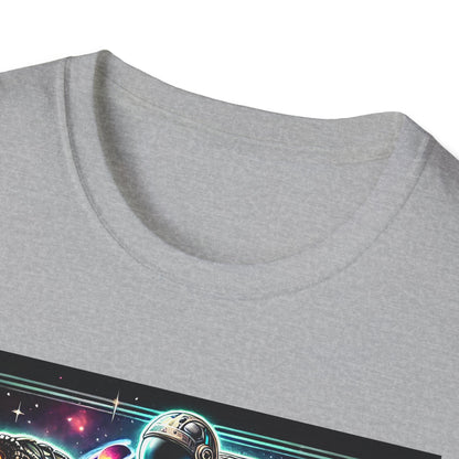 Cosmic Dinosaur Rider Softstyle T-Shirt | Fun Graphic Tee, Unique Gift, Space Lover Shirt, Sci-Fi Enthusiast Apparel