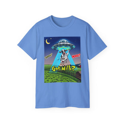 Got Milk? Funny Unisex Ultra Cotton Tee - Humorous Cow and UFO Design, graphic tee, t-shirts, tshirt, png, sublimation