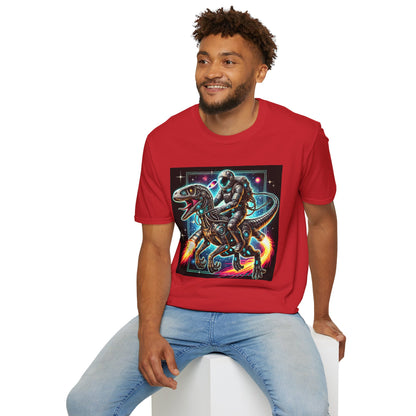 Cosmic Dinosaur Rider Softstyle T-Shirt | Fun Graphic Tee, Unique Gift, Space Lover Shirt, Sci-Fi Enthusiast Apparel