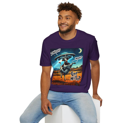 Funny Alien Cow T-Shirt - Got Milk? Unisex Soft style graphic Tee, UFO, galaxies, space, Blackhole, graphic design, png, sublimation