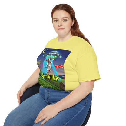 Got Milk? Funny Unisex Ultra Cotton Tee - Humorous Cow and UFO Design, graphic tee, t-shirts, tshirt, png, sublimation