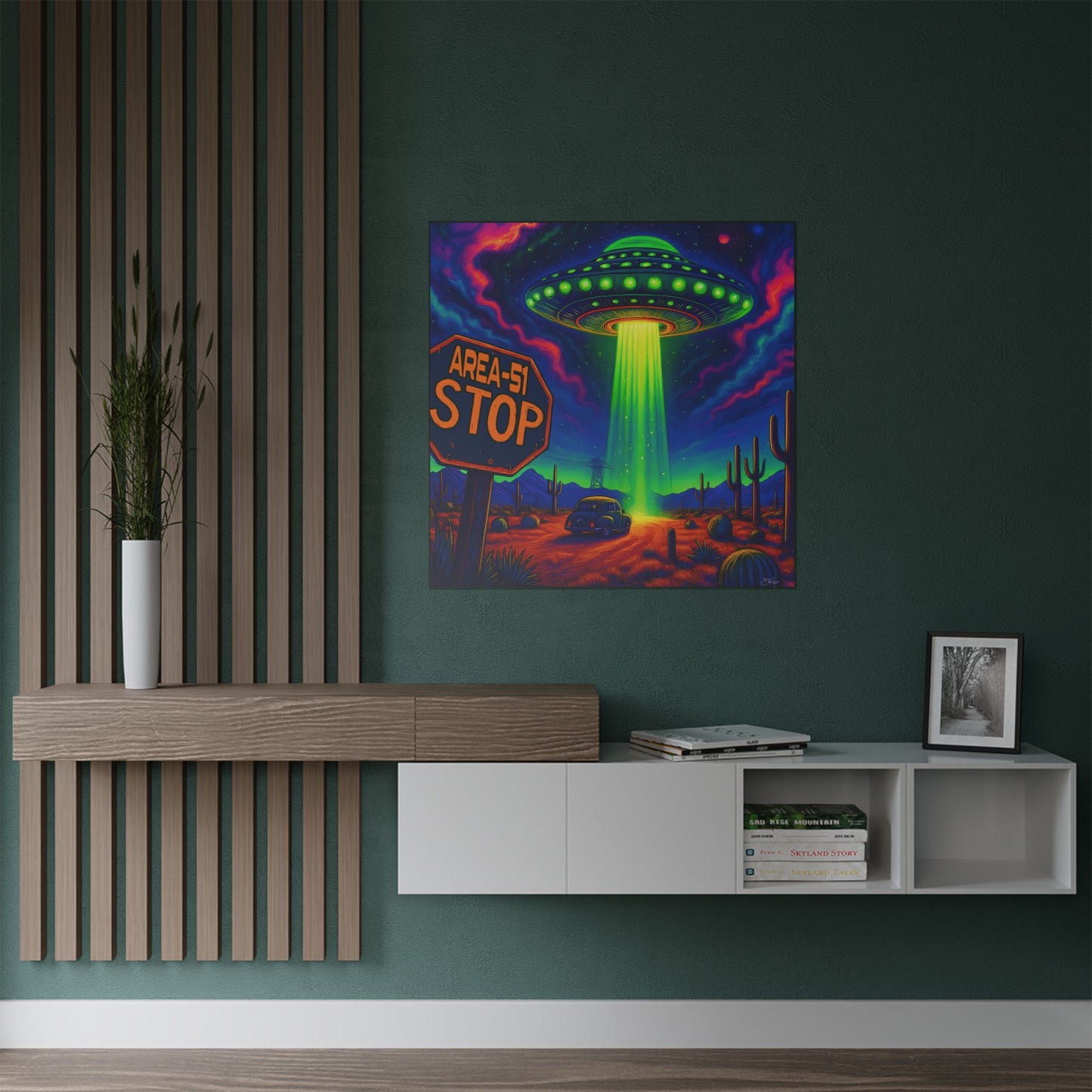Area-51 Neon Alien Abduction Satin Poster — Lustrous 300gsm UFO Art Print