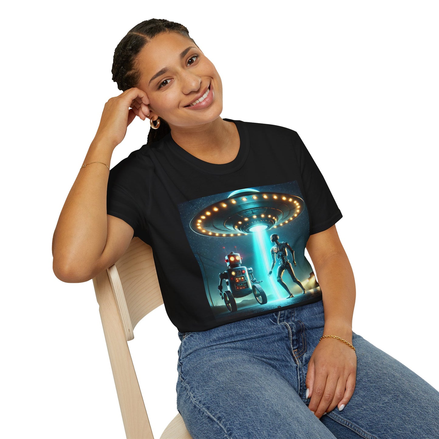 Alien Encounter Unisex Softstyle T-Shirt | Sci-Fi Fan Gift, Superhero Tee, UFO Shirt, Casual Wear, Unique Graphic T-Shirt