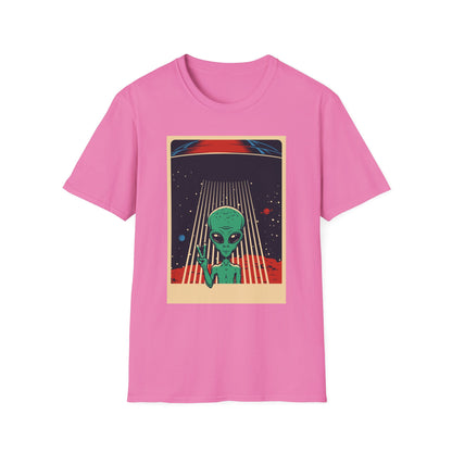 Cosmic Alien Peace Unisex Softstyle T-Shirt, Vintage UFO Tee, Space Lover Gift, Sci-Fi Fan Shirt, Trendy Graphic Tee, GraphicTees, t-shirts