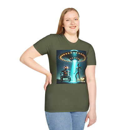 Alien Encounter Unisex Softstyle T-Shirt | Sci-Fi Fan Gift, Superhero Tee, UFO Shirt, Casual Wear, Unique Graphic T-Shirt
